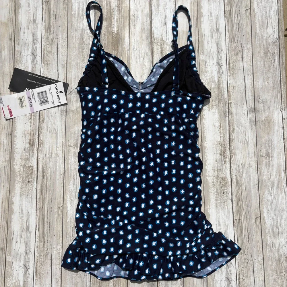 Coco Reef Swimdress 32C Navy Blue NWT Ruched Underwire Ruffle Swimsuit Slimming - Picture 7 of 14